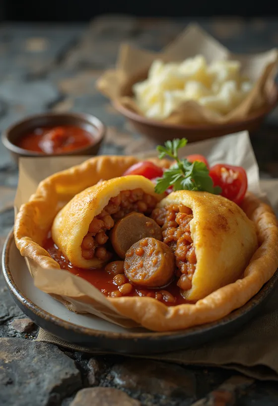 Acarajé con chorizo, frijoles especiados y decoración de perejil fresco