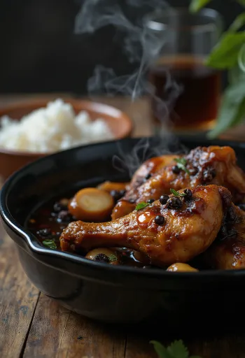 Adobo de pollo, cocinado en salsa de soja, servido junto a arroz