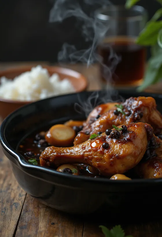 Adobo de pollo, cocinado en salsa de soja, servido junto a arroz