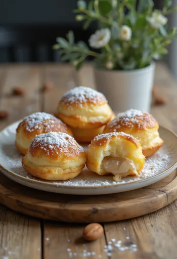 Æbleskiver rellenos de almendra, espolvoreados con azúcar glas, servidos en un bol