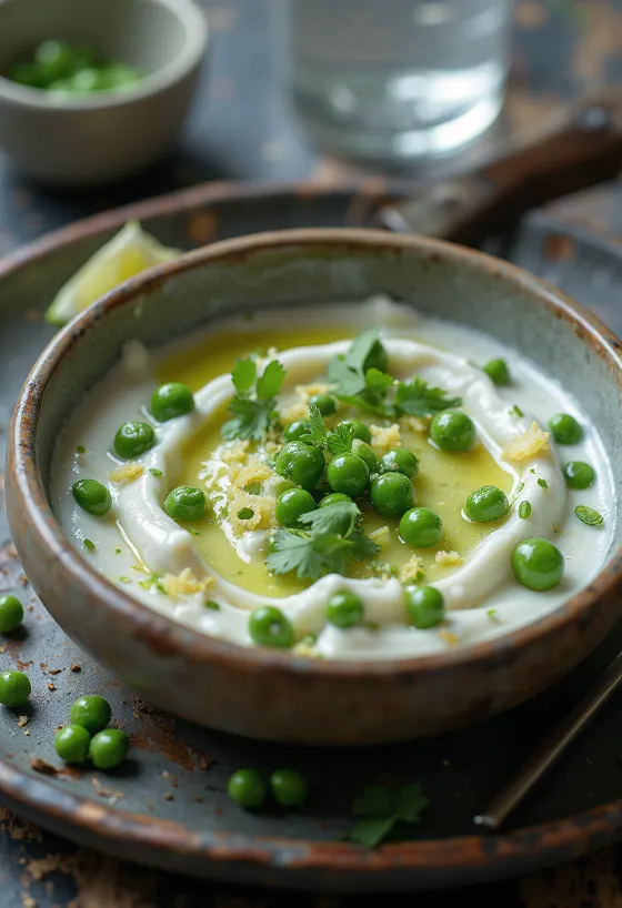 Raita de guisantes servida, decorada con menta fresca y guisantes