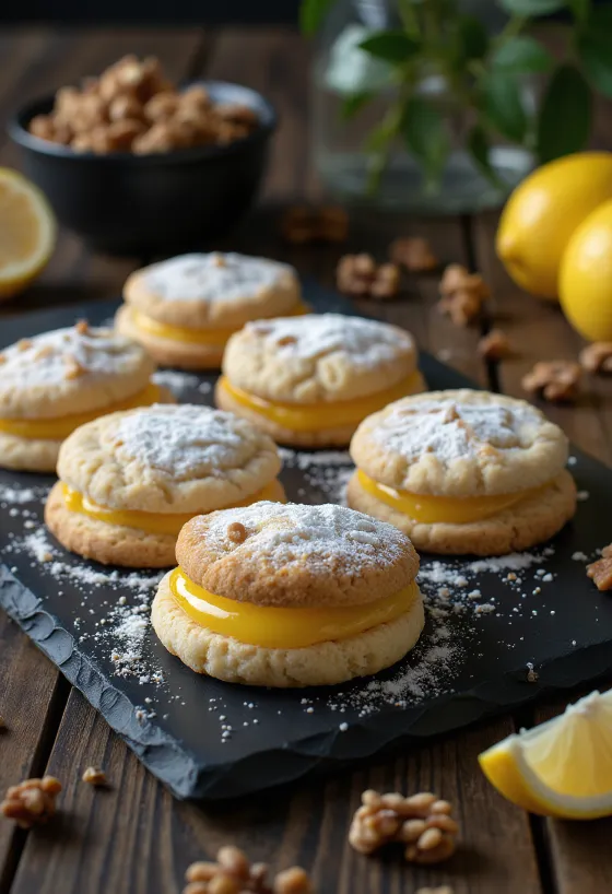 Galletas Linzer de limón y nueces espolvoreadas con azúcar glas