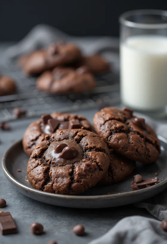 Cookie rica en chocolate con trozos fundidos y azúcar glas