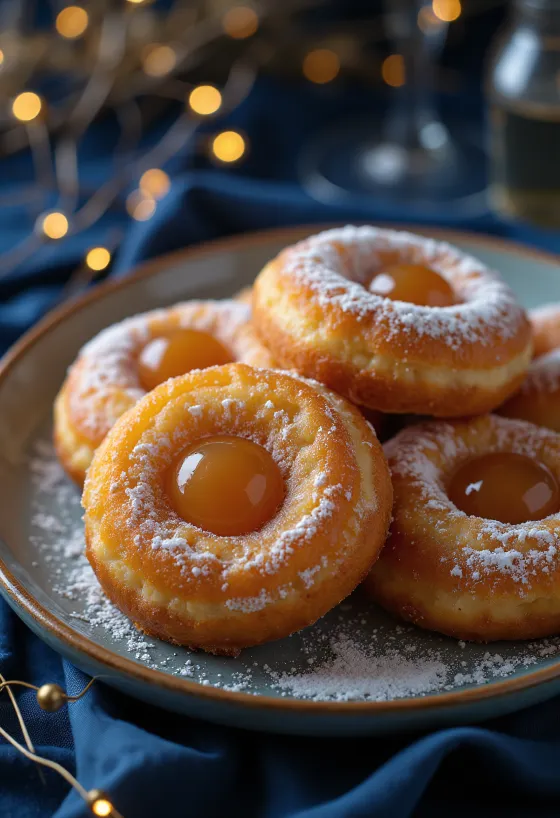 Buñuelos de Carnaval espolvoreados con azúcar glas y servidos con mermelada