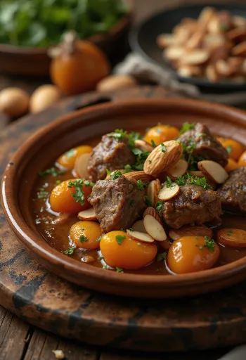 Tajine de cordero con albaricoques servido con cuscús