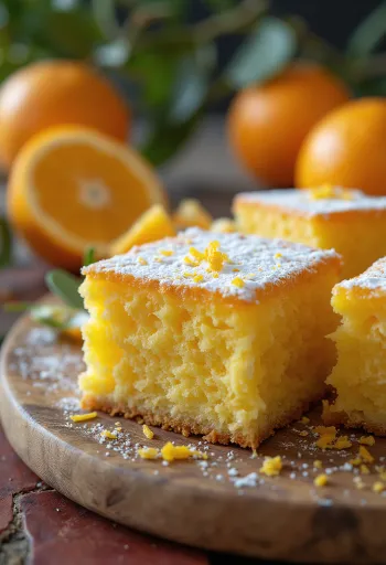 Pastel de naranja con masa dorada y azúcar glas