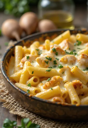 Pasta al horno con pollo servida en un plato blanco, con una capa de queso dorado.