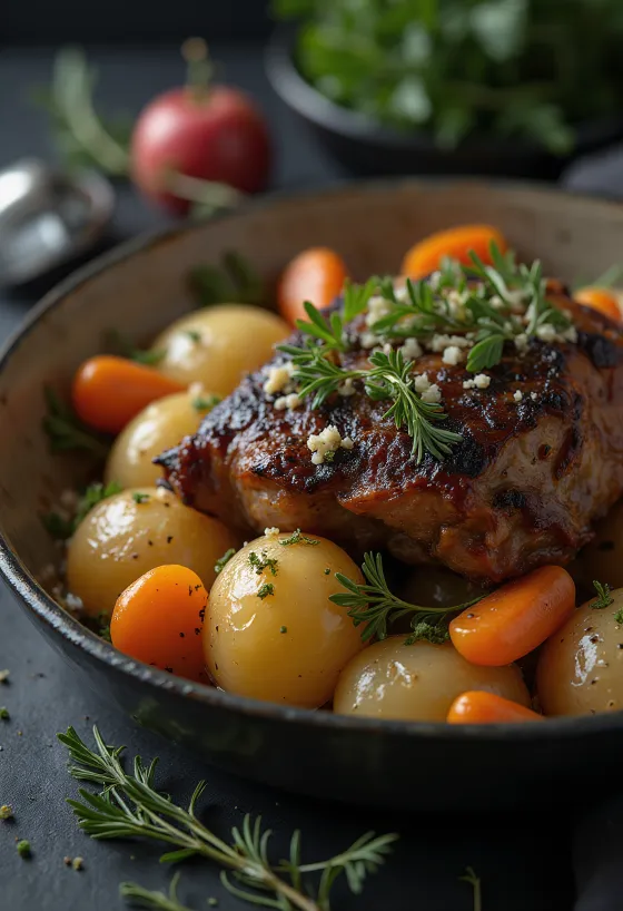 Carne de marmota asada servida con hortalizas de raíz en una fuente.