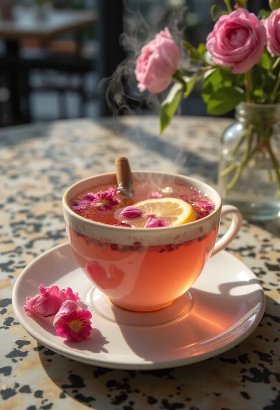 Sidra con pétalos de rosa en una taza