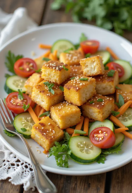Ensalada de tofu horneado con verduras frescas emplatada