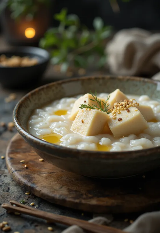 Congee con tofu, gachas de arroz chinas con tofu, ajo y jengibre