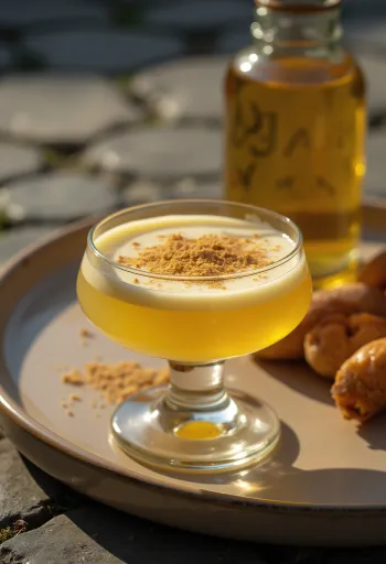 Licor de huevo casero en botella, con nuez moscada rallada por encima.