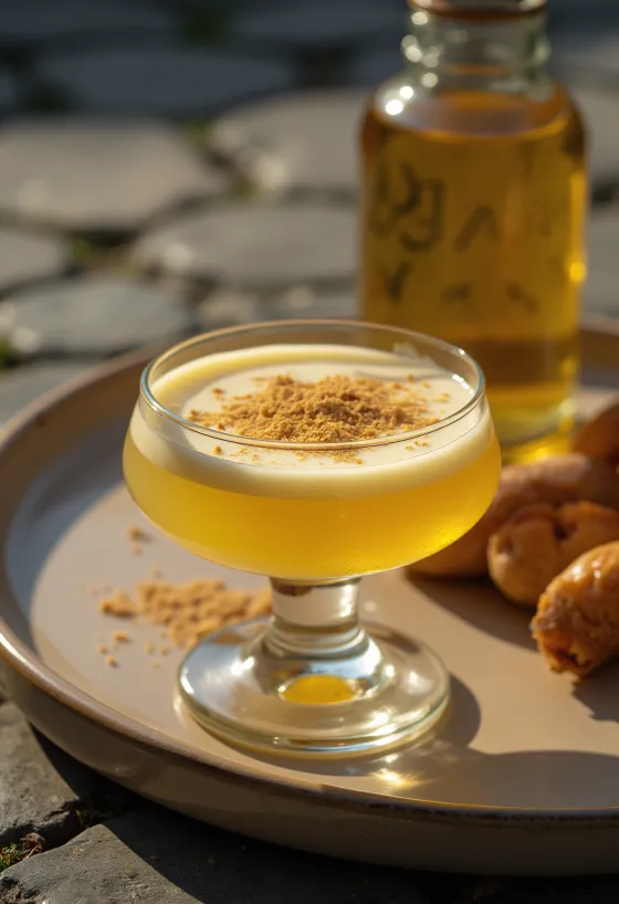 Licor de huevo casero en botella, con nuez moscada rallada por encima.