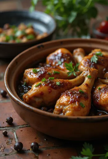 Adobo con carne, servido en salsa de soja y vino blanco, decorado con hierbas frescas