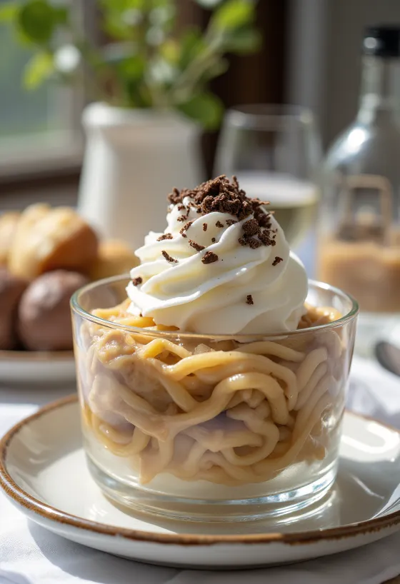 Puré de castañas decorado con nata montada y virutas de chocolate