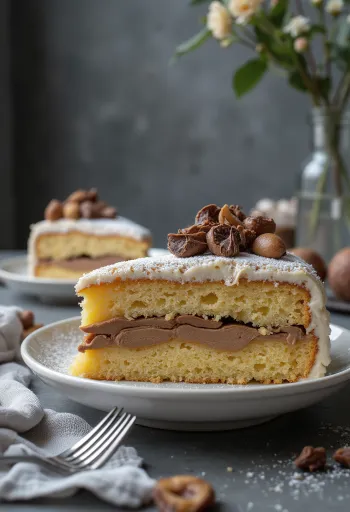 Tarta de castañas cortada en porciones, decorada con chocolate