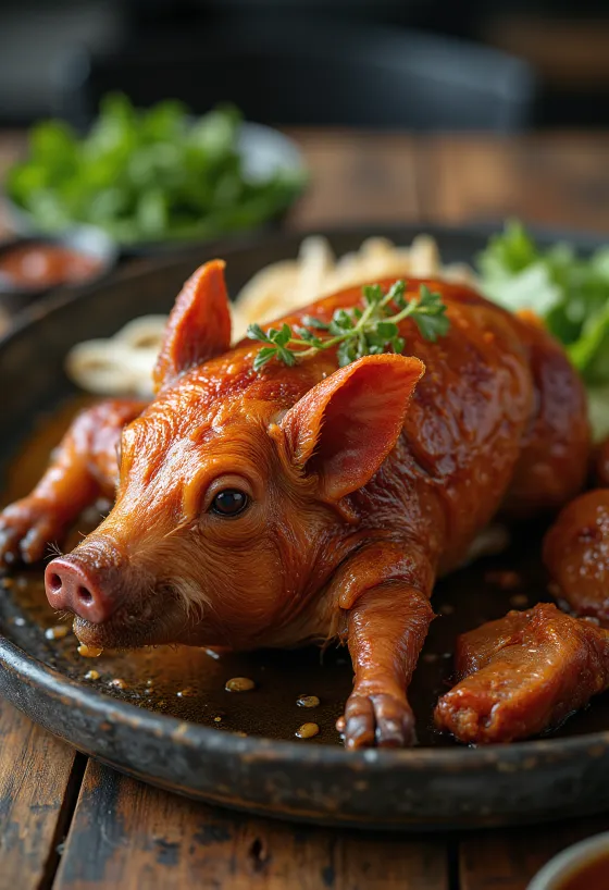 Lechón, cerdo asado de piel crujiente servido