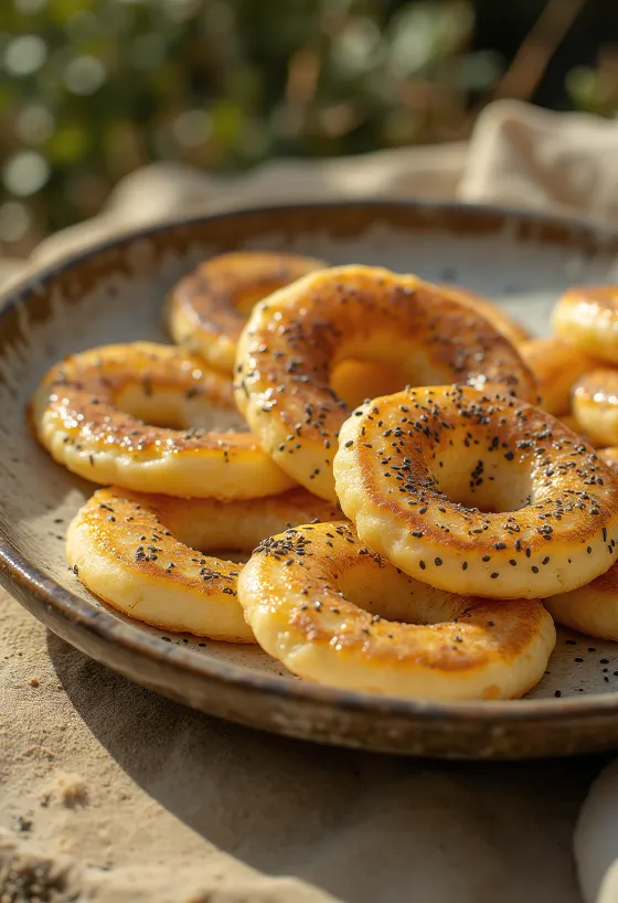 Tortitas Obwarzanek con amapola o sésamo servidas