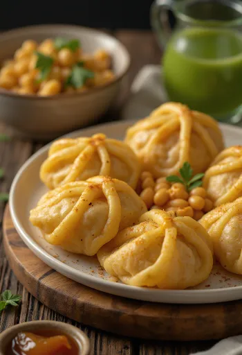 Pani puri relleno de judías mungo, plato indio con salsa de tamarindo y hojas de menta