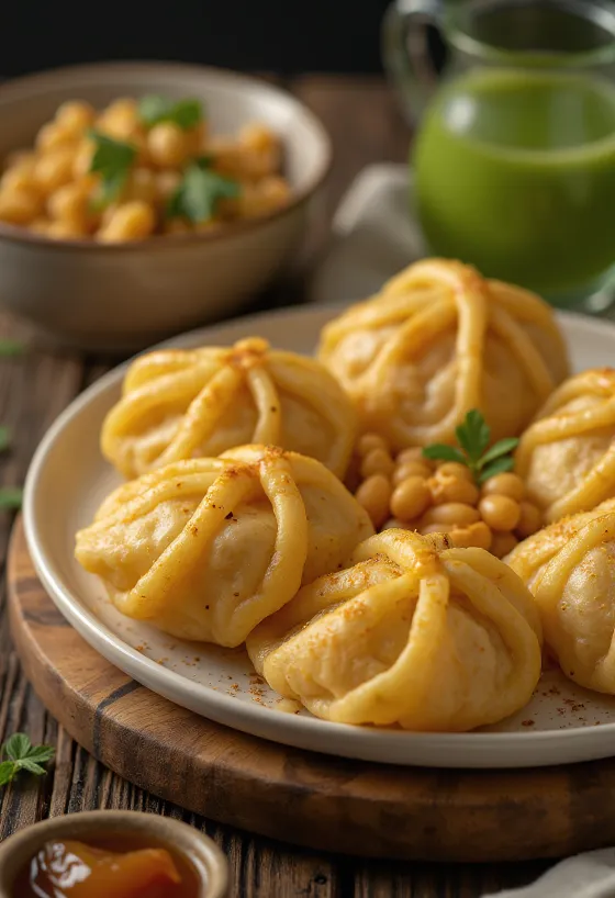 Pani puri relleno de judías mungo, plato indio con salsa de tamarindo y hojas de menta