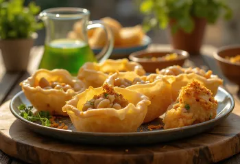 Pani puri relleno de judías mungo, plato indio con salsa de tamarindo y hojas de menta