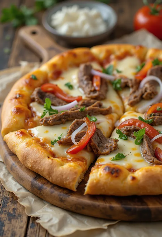 Pizza Philly Cheesesteak con tiras de ternera y pimiento