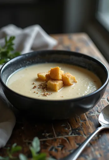 Crema de apio nabo asado servida con picatostes crujientes
