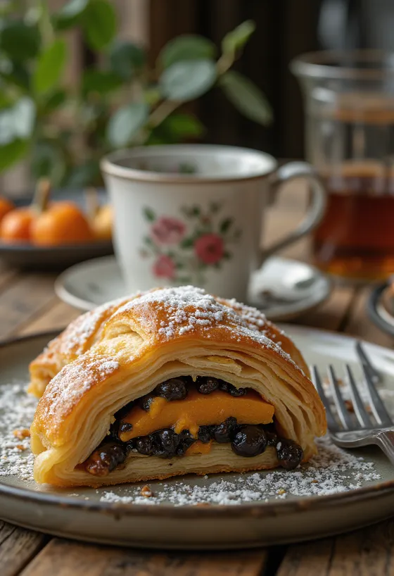 Strudel de calabaza y amapola horneado dorado, espolvoreado con azúcar glas