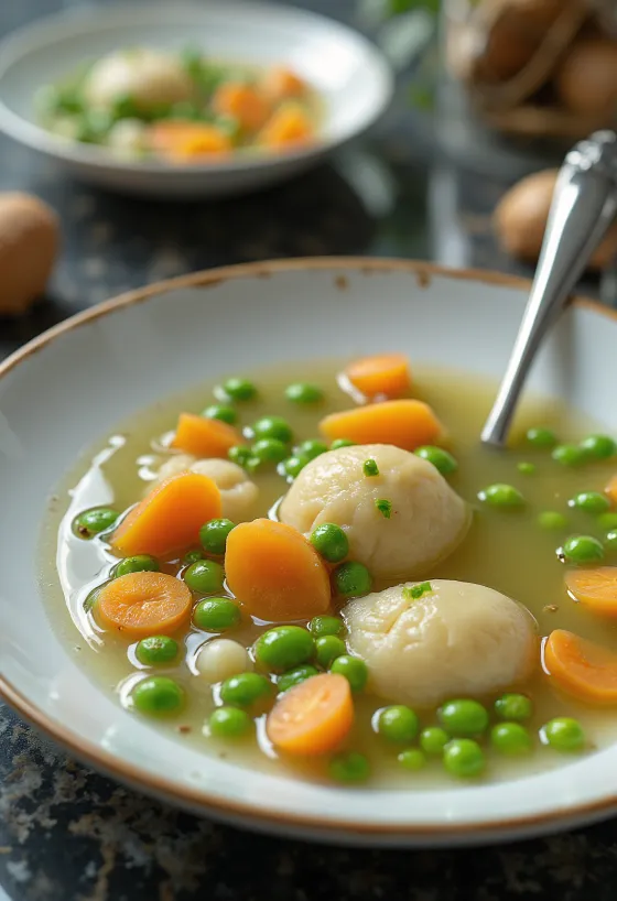 Sopa de guisantes frescos con verduras crujientes y perejil