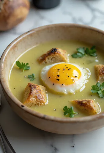 Açorda alentejana, servida con cilantro fresco y sésamo