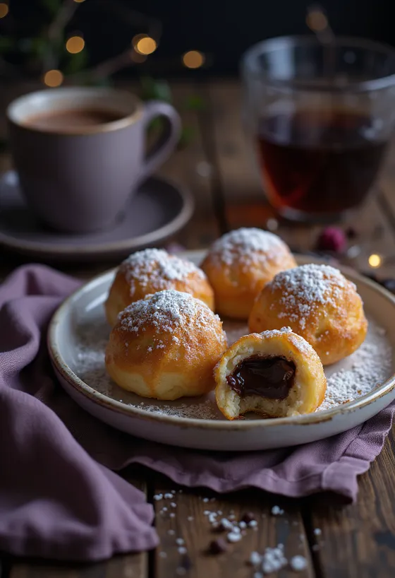 Æbleskiver recién hecho servido con crema de chocolate y azúcar glas