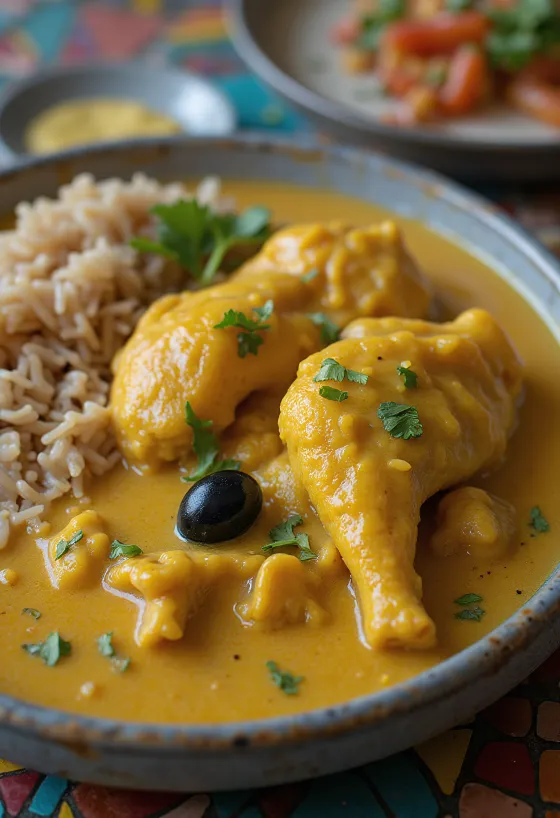 Ají de gallina con arroz integral, servido con rica salsa de pollo