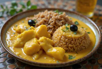 Ají de gallina con arroz integral, servido con rica salsa de pollo