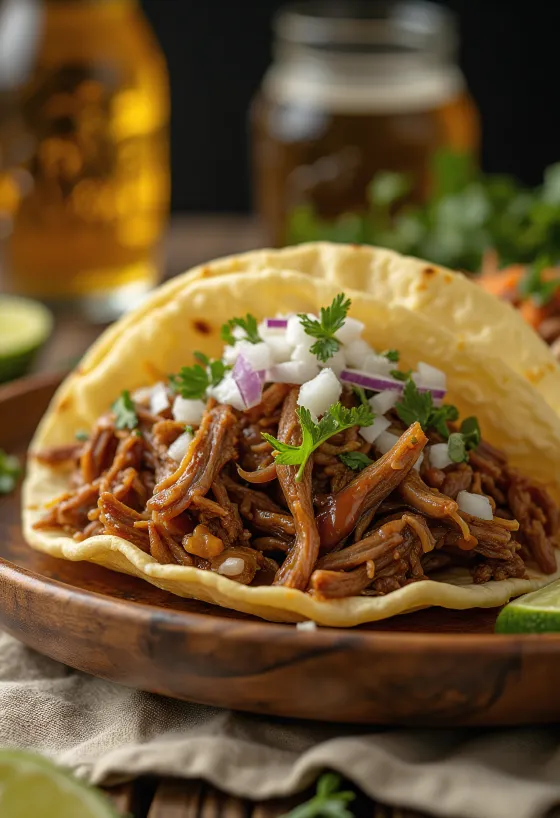 Barbacoa servida con tortillas y rodajas de lima