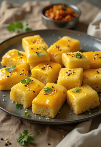 Cheese Dhokla servido como trozos dorados con queso y especias frescas