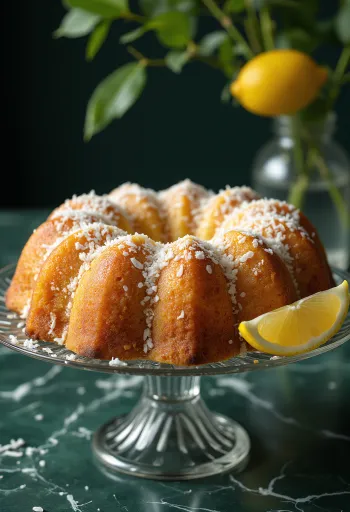 Bizcocho Bundt de limón y coco espolvoreado con coco rallado
