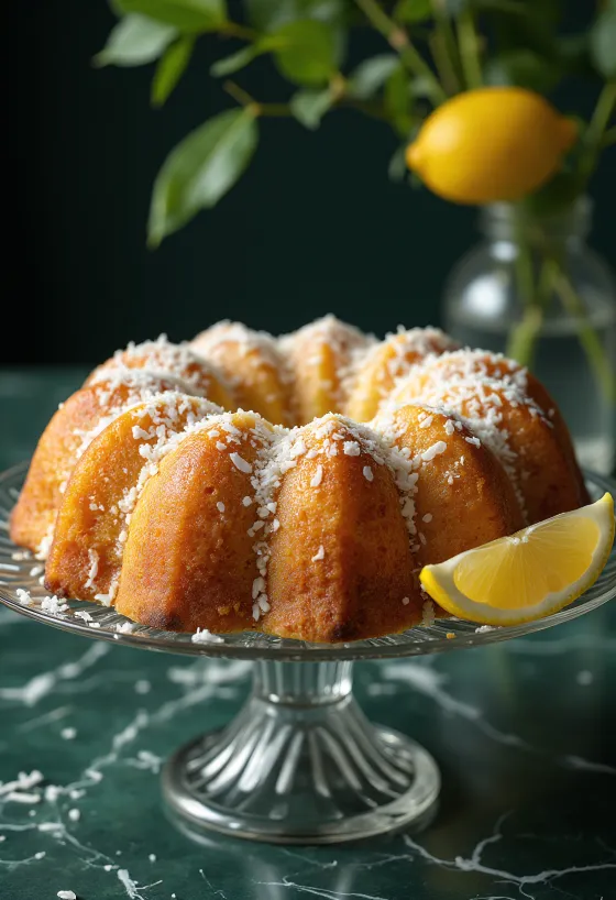 Bizcocho Bundt de limón y coco espolvoreado con coco rallado
