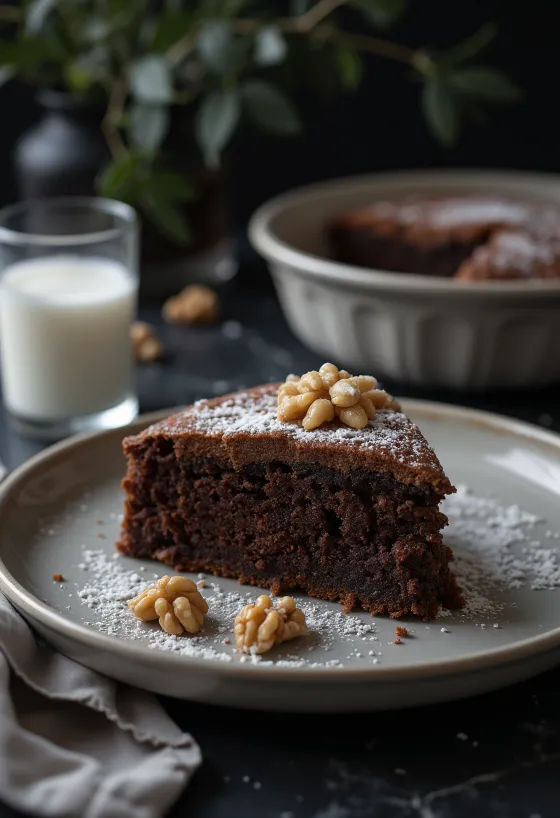 Bizcocho esponjoso de nuez y cacao servido