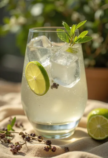 Gin Tonic decorado con rodajas de lima y cubitos de hielo
