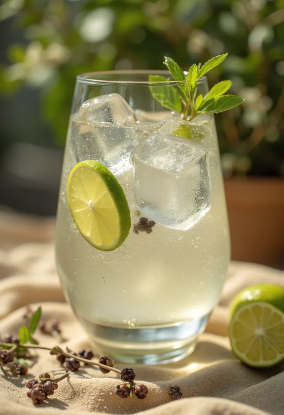 Gin Tonic decorado con rodajas de lima y cubitos de hielo
