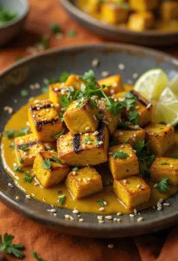 Tofu a la plancha con salsa de tahini al curry