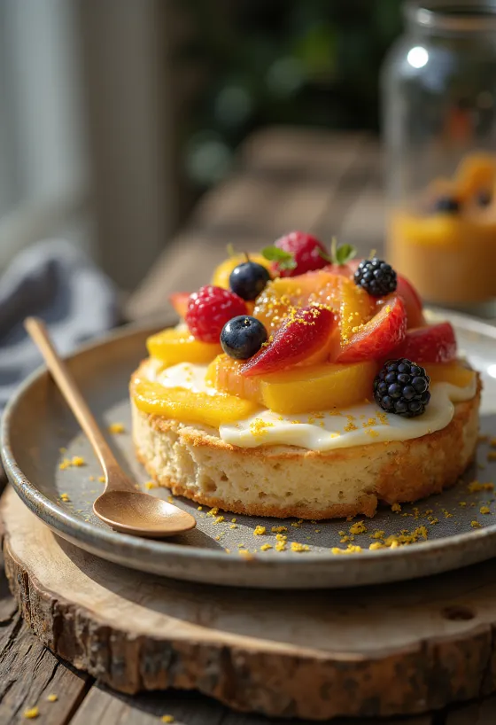Tarta de requesón con frutas cortada en porciones