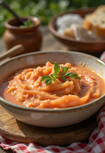 Bol de salsa cremosa de tomate con eneldo fresco