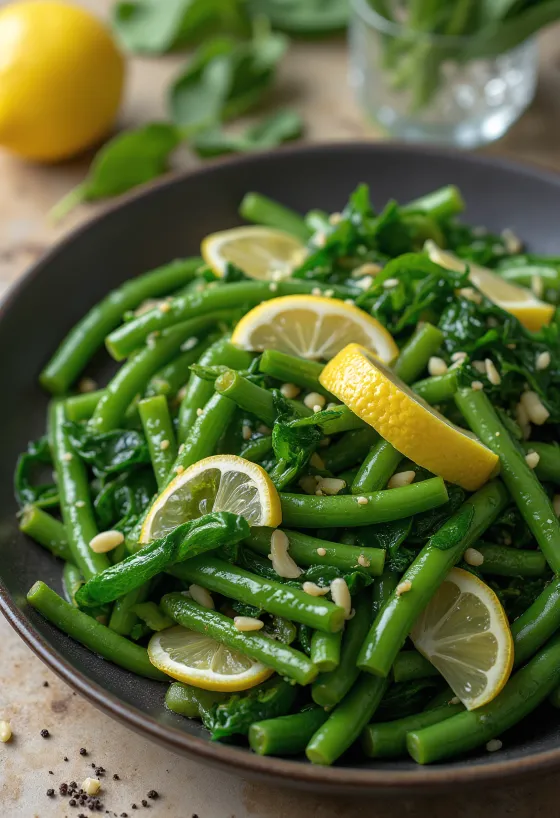 Labra con judías verdes y espinacas, un plato de verduras frescas servido caliente