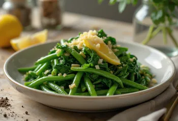 Labra con judías verdes y espinacas, un plato de verduras frescas servido caliente