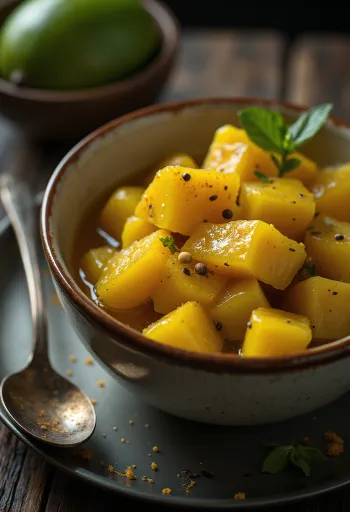 Achar de mango en tarro de cristal