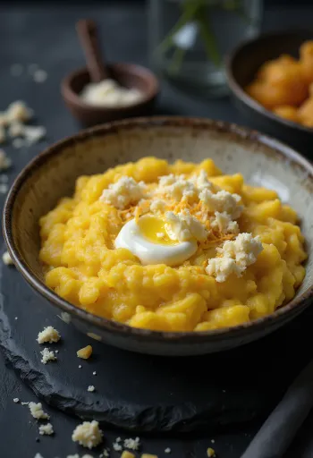 Polenta cremosa recién hecha con mantequilla y queso, servida en bandeja de madera.