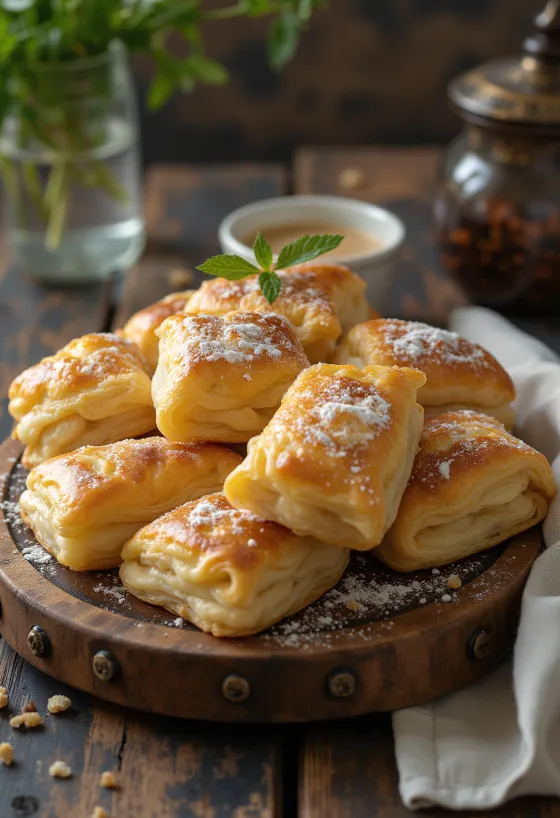 Pañuelos de requesón horneados dorados, espolvoreados con azúcar glas, con relleno suave