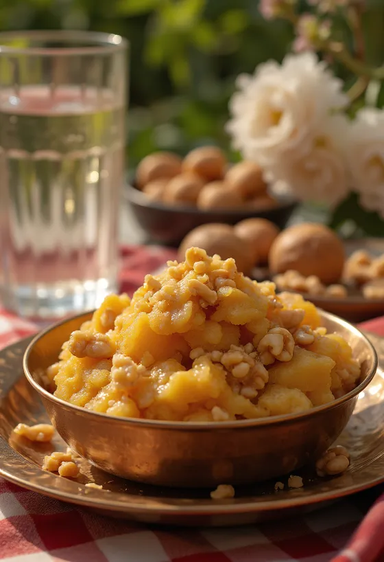 Aate ka Halwa con ricos sabores especiados, frutos secos tostados y agua de rosas.