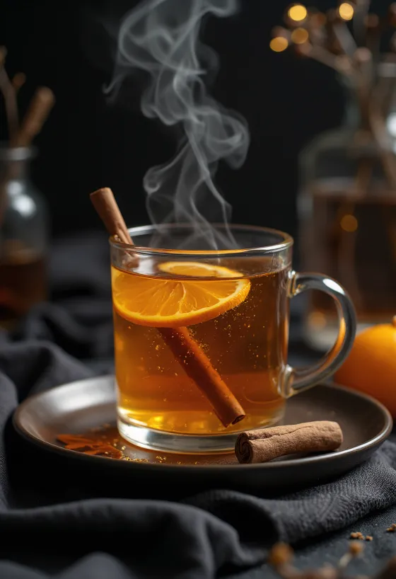 Ponche caliente de canela en taza con rodaja de naranja